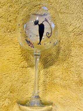 Lozier Glass Wine Glass Handed Painted Black Cat Gift Ideas Collectible Barware
